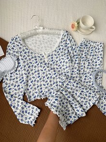 Comfortcana CottageSlumber 蕾丝边方领双扣浪漫碎花长袖上衣和裤子睡衣套装 女士家居服两件套 长袖家居服套装 女士睡衣配套家居服套装，冬季服装 - 彩色 - 查看 4