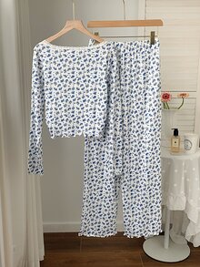 Comfortcana CottageSlumber 蕾丝边方领双扣浪漫碎花长袖上衣和裤子睡衣套装 女士家居服两件套 长袖家居服套装 女士睡衣配套家居服套装，冬季服装 - 彩色 - 查看 3