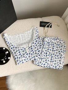 Comfortcana CottageSlumber 蕾丝边方领双扣浪漫碎花长袖上衣和裤子睡衣套装 女士家居服两件套 长袖家居服套装 女士睡衣配套家居服套装，冬季服装 - 彩色 - 查看 9