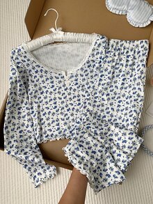 Comfortcana CottageSlumber 蕾丝边方领双扣浪漫碎花长袖上衣和裤子睡衣套装 女士家居服两件套 长袖家居服套装 女士睡衣配套家居服套装，冬季服装 - 彩色 - 查看 2