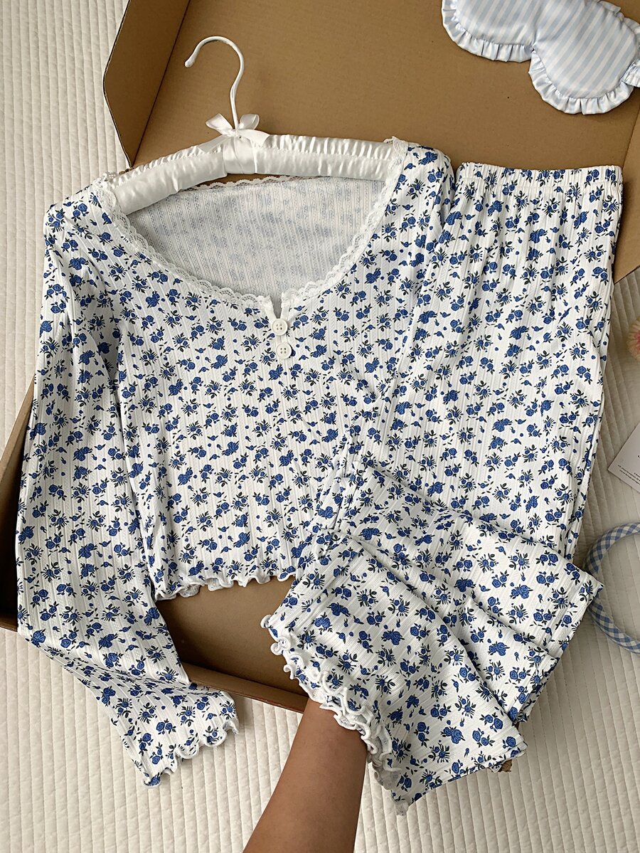 Comfortcana CottageSlumber 蕾丝边方领双扣浪漫碎花长袖上衣和裤子睡衣套装 女士家居服两件套 长袖家居服套装 女士睡衣配套家居服套装，冬季服装