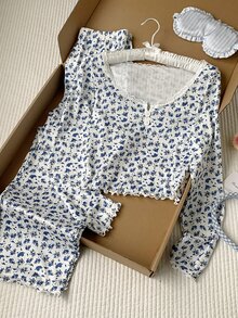 Comfortcana CottageSlumber 蕾丝边方领双扣浪漫碎花长袖上衣和裤子睡衣套装 女士家居服两件套 长袖家居服套装 女士睡衣配套家居服套装，冬季服装 - 彩色 - 查看 6