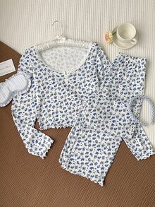 Comfortcana CottageSlumber 蕾丝边方领双扣浪漫碎花长袖上衣和裤子睡衣套装 女士家居服两件套 长袖家居服套装 女士睡衣配套家居服套装，冬季服装 - 彩色 - 查看 7