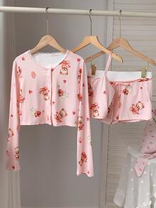 Comfortcana Cute Ins Bear And Cake Design Women Pajama Set, Fall Winter Clothes Cozy And Elegant Details - Pink - View 5
