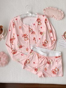 Comfortcana Cute Ins Bear And Cake Design Women Pajama Set, Fall Winter Clothes Cozy And Elegant Details - Pink - View 6