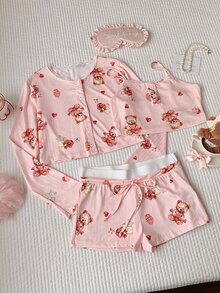 Comfortcana Cute Ins Bear And Cake Design Women Pajama Set, Fall Winter Clothes Cozy And Elegant Details - Pink - View 3