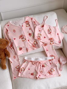 Comfortcana Cute Ins Bear And Cake Design Women Pajama Set, Fall Winter Clothes Cozy And Elegant Details - Pink - View 8