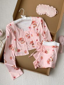 Comfortcana Cute Ins Bear And Cake Design Women Pajama Set, Fall Winter Clothes Cozy And Elegant Details - Pink - View 4