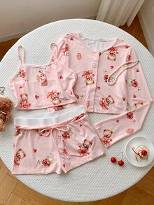 Comfortcana Cute Ins Bear And Cake Design Women Pajama Set, Fall Winter Clothes Cozy And Elegant Details - Pink - View 7