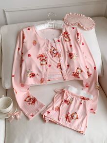 Comfortcana Cute Ins Bear And Cake Design Women Pajama Set, Fall Winter Clothes Cozy And Elegant Details - Pink - View 1