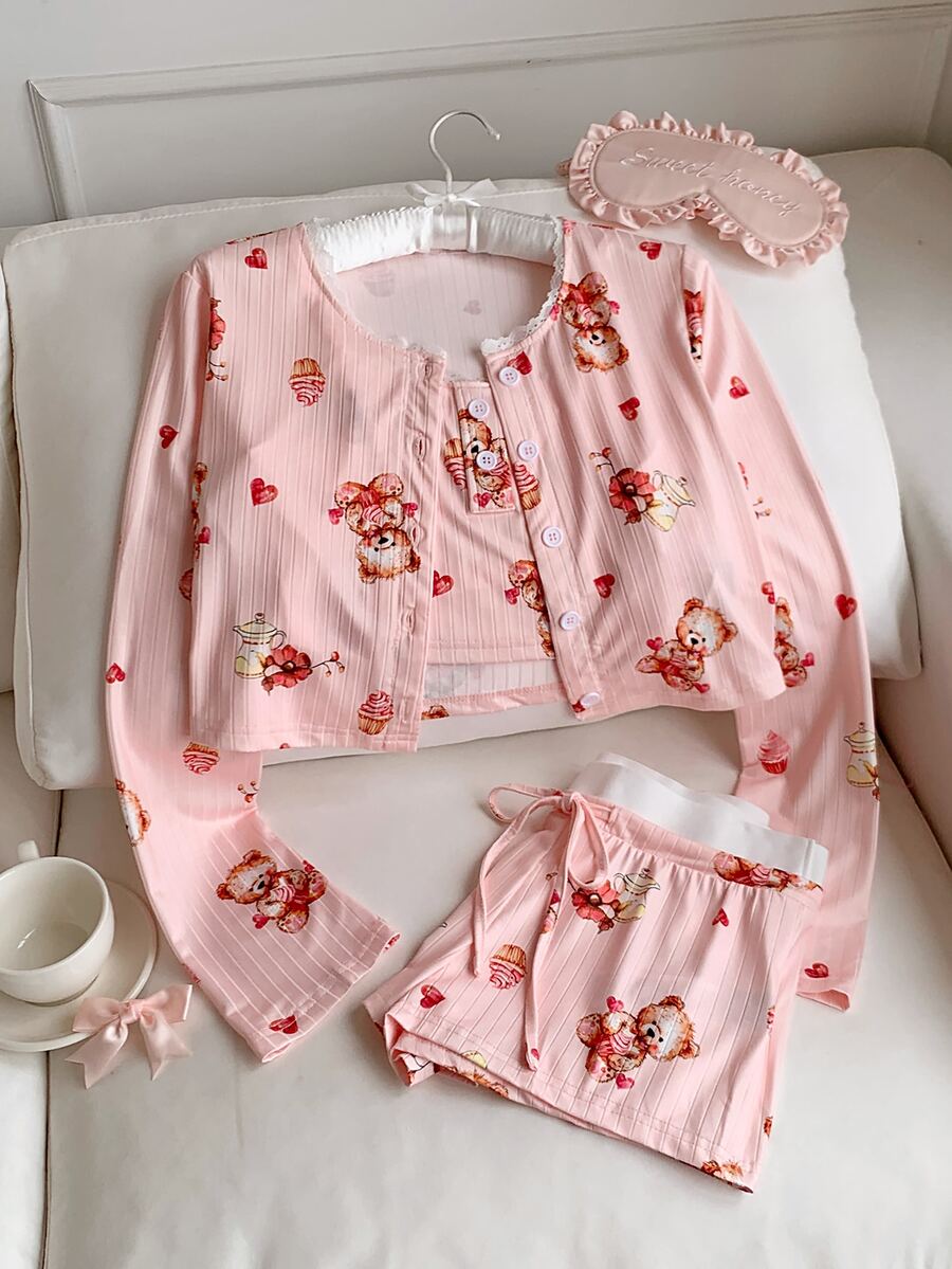 Comfortcana Cute Ins Bear And Cake Design Women Pajama Set, Fall Winter Clothes Cozy And Elegant Details - Pink - View 1
