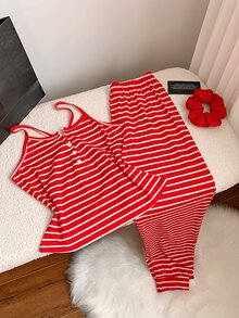 Comfortcana 女士休闲条纹印花前开衩吊带上衣和裤子睡衣套装新娘内衣、休闲装 - 紅色 - 查看 3