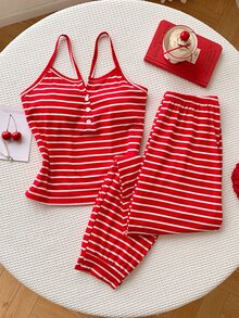 Comfortcana 女士休闲条纹印花前开衩吊带上衣和裤子睡衣套装新娘内衣、休闲装 - 紅色 - 查看 5