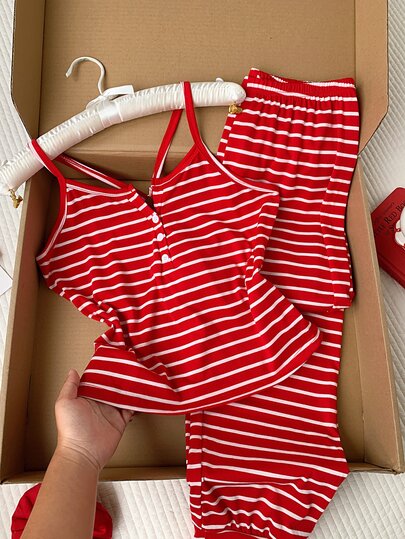Comfortcana Women's Casual Striped Print Front Split Front Cami Top & Pants Pajama Set Bridal Lingerie, Lounge Outfit