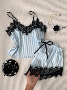 Comfortcana 2件組蕾絲拼接條紋細肩帶背心與短褲睡衣套裝 - 天藍色 - 查看 7