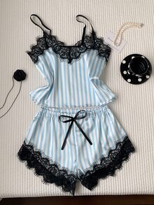 Comfortcana 2件組蕾絲拼接條紋細肩帶背心與短褲睡衣套裝 - 天藍色 - 查看 8