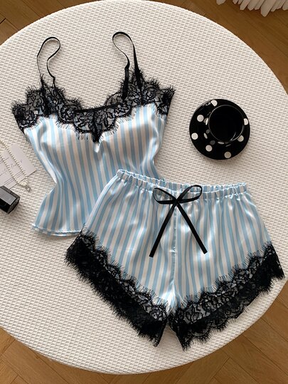 Comfortcana 2pcs Lace Patchwork Striped Camisole And Shorts Pajama Set