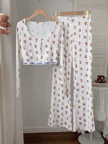 Comfortcana بيجامة نسائية بياقة طاقم وأكمام طويلة مطبوعة بشكل الدب، قصة ضيقة - أبيض - مشاهدة 3