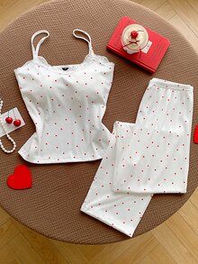 Comfortcana Cute Women's Rib-Knit Spaghetti Strap Sleeveless Long Pant Sets With Red And White Geometric Heart Pattern Detail - Red and White - View 2