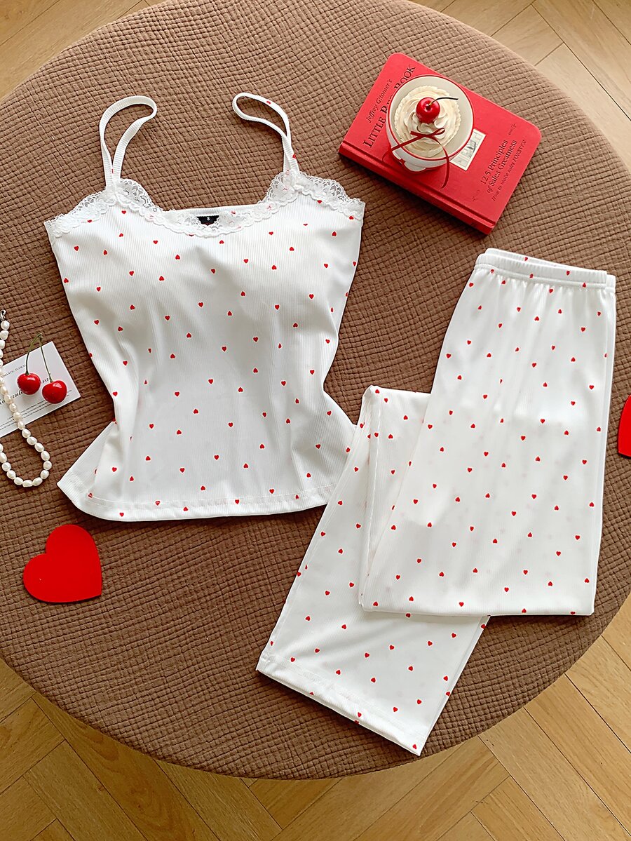 Comfortcana Cute Women's Rib-Knit Spaghetti Strap Sleeveless Long Pant Sets With Red And White Geometric Heart Pattern Detail