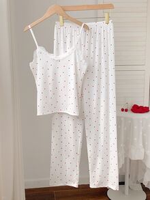 Comfortcana Cute Women's Rib-Knit Spaghetti Strap Sleeveless Long Pant Sets With Red And White Geometric Heart Pattern Detail - Red and White - View 8