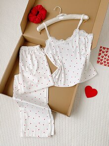 Comfortcana Cute Women's Rib-Knit Spaghetti Strap Sleeveless Long Pant Sets With Red And White Geometric Heart Pattern Detail - Red and White - View 5
