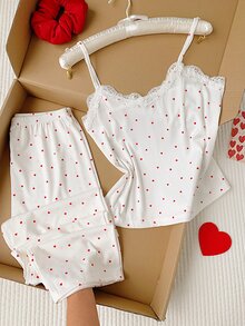 Comfortcana Cute Women's Rib-Knit Spaghetti Strap Sleeveless Long Pant Sets With Red And White Geometric Heart Pattern Detail - Red and White - View 6