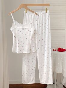 Comfortcana Cute Women's Rib-Knit Spaghetti Strap Sleeveless Long Pant Sets With Red And White Geometric Heart Pattern Detail - Red and White - View 3