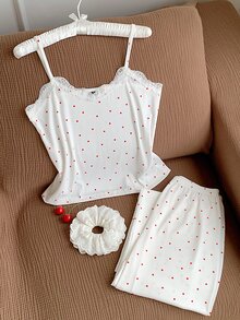 Comfortcana Cute Women's Rib-Knit Spaghetti Strap Sleeveless Long Pant Sets With Red And White Geometric Heart Pattern Detail - Red and White - View 4