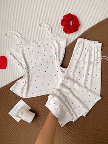Comfortcana Cute Women's Rib-Knit Spaghetti Strap Sleeveless Long Pant Sets With Red And White Geometric Heart Pattern Detail - Red and White - View 7