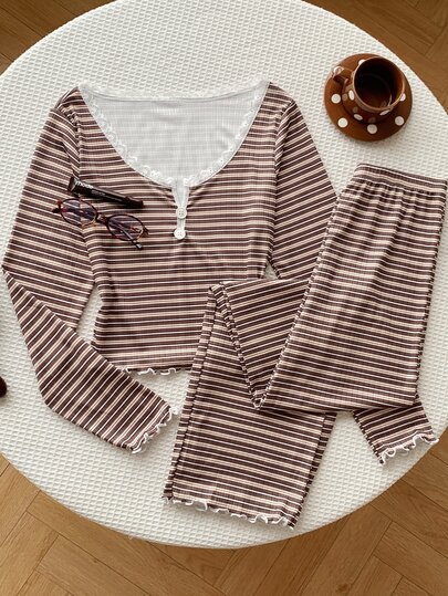 Comfortcana Women's Casual Striped Print Lace Trim Square Neck Button Front Long Sleeve PJS Brown PJS Striped PJS Women's Sleepwear Two Piece Lounge Set
