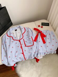 Comfortcana ملابس منزلية بأكمام طويلة مزينة بفيونكة لطيفة وكشكشة وقلوب وخطوط - متعدد الألوان - مشاهدة 7