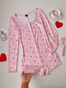 Comfortcana 女士半拉链蝴蝶结爱心印花可爱罗纹针织连体衣，休闲舒适长袖，冬季 - 粉色 - 查看 5