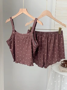 Comfortcana Women's Heart Print Camisole Top & Shorts Pajama Set - Coffee Brown - View 2