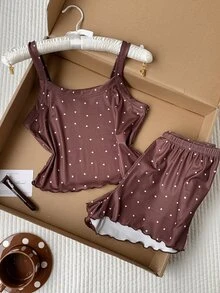 Comfortcana Women's Heart Print Camisole Top & Shorts Pajama Set - Coffee Brown - View 1