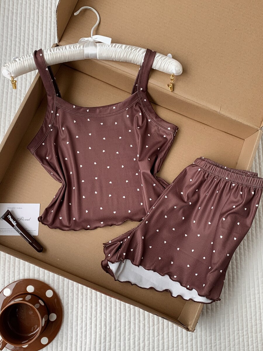 Comfortcana Women's Heart Print Camisole Top & Shorts Pajama Set - Coffee Brown - View 1