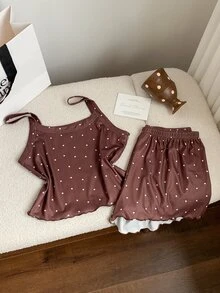 Comfortcana Women's Heart Print Camisole Top & Shorts Pajama Set - Coffee Brown - View 5