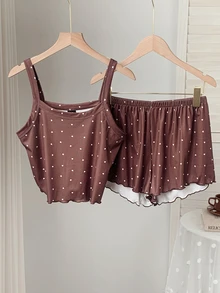 Comfortcana Women's Heart Print Camisole Top & Shorts Pajama Set - Coffee Brown - View 4