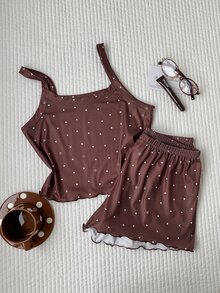 Comfortcana Women's Heart Print Camisole Top & Shorts Pajama Set - Coffee Brown - View 7