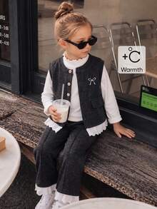 SHEIN Elladie kids 3件組少女荷葉領修身純色內搭衫 + 蕾絲飾邊蝴蝶結刺繡休閒前開扣背心 + 直筒長褲，秋季生日穿搭 - 深灰色 - 查看 10