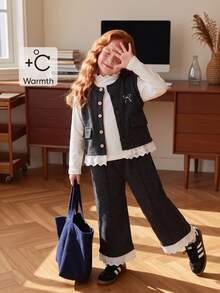 SHEIN Elladie kids 3件組少女荷葉領修身純色內搭衫 + 蕾絲飾邊蝴蝶結刺繡休閒前開扣背心 + 直筒長褲，秋季生日穿搭 - 深灰色 - 查看 9