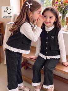 SHEIN Elladie kids 3件組少女荷葉領修身純色內搭衫 + 蕾絲飾邊蝴蝶結刺繡休閒前開扣背心 + 直筒長褲，秋季生日穿搭 - 深灰色 - 查看 2