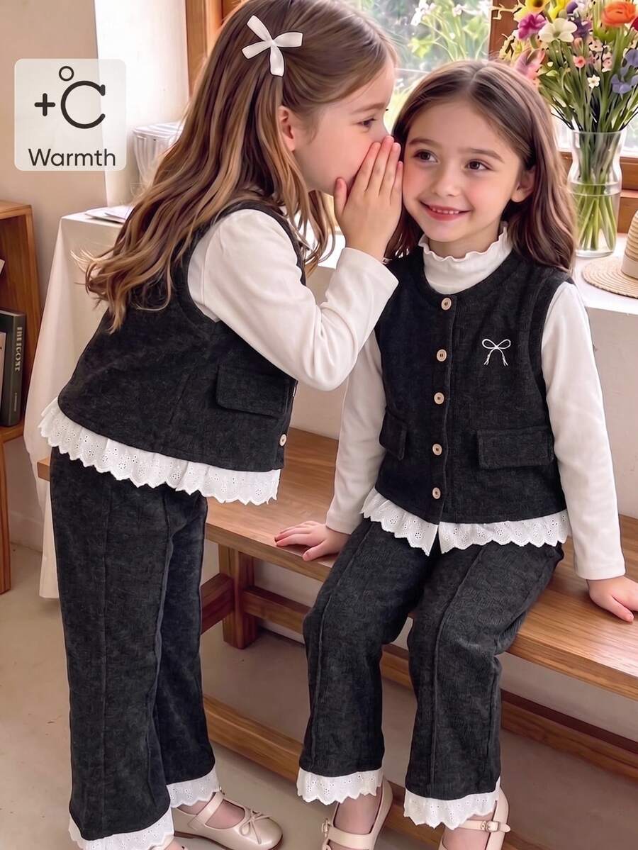 SHEIN Elladie kids 3件組少女荷葉領修身純色內搭衫 + 蕾絲飾邊蝴蝶結刺繡休閒前開扣背心 + 直筒長褲，秋季生日穿搭