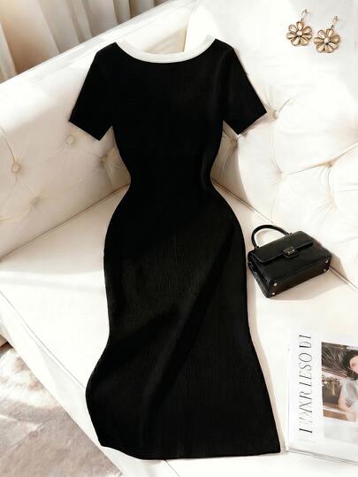 Grovea Plus Size Women's French Style Business Casual Elegant Ribbed V-Neck Short Sleeve Dress Teachers' Day Brunch Black And White Summer