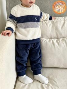Boys' Casual Fleece Contrast Color Crew Neck Sweatshirt And Fleece Long Pants With Embroidered Chest Decor, Suitable For Daily Wear, School And Other Occasions, Autumn/Winter - Blue - View 4