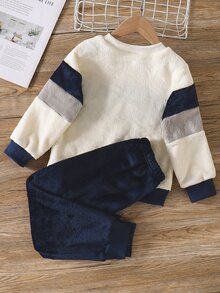 Boys' Casual Fleece Contrast Color Crew Neck Sweatshirt And Fleece Long Pants With Embroidered Chest Decor, Suitable For Daily Wear, School And Other Occasions, Autumn/Winter - Blue - View 2