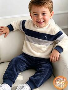 Boys' Casual Fleece Contrast Color Crew Neck Sweatshirt And Fleece Long Pants With Embroidered Chest Decor, Suitable For Daily Wear, School And Other Occasions, Autumn/Winter - Blue - View 3