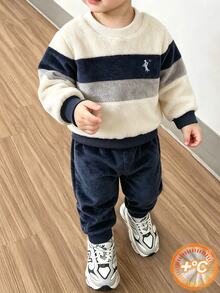Boys' Casual Fleece Contrast Color Crew Neck Sweatshirt And Fleece Long Pants With Embroidered Chest Decor, Suitable For Daily Wear, School And Other Occasions, Autumn/Winter - Blue - View 9