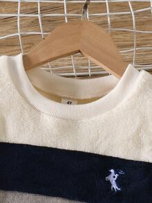 Boys' Casual Fleece Contrast Color Crew Neck Sweatshirt And Fleece Long Pants With Embroidered Chest Decor, Suitable For Daily Wear, School And Other Occasions, Autumn/Winter - Blue - View 5