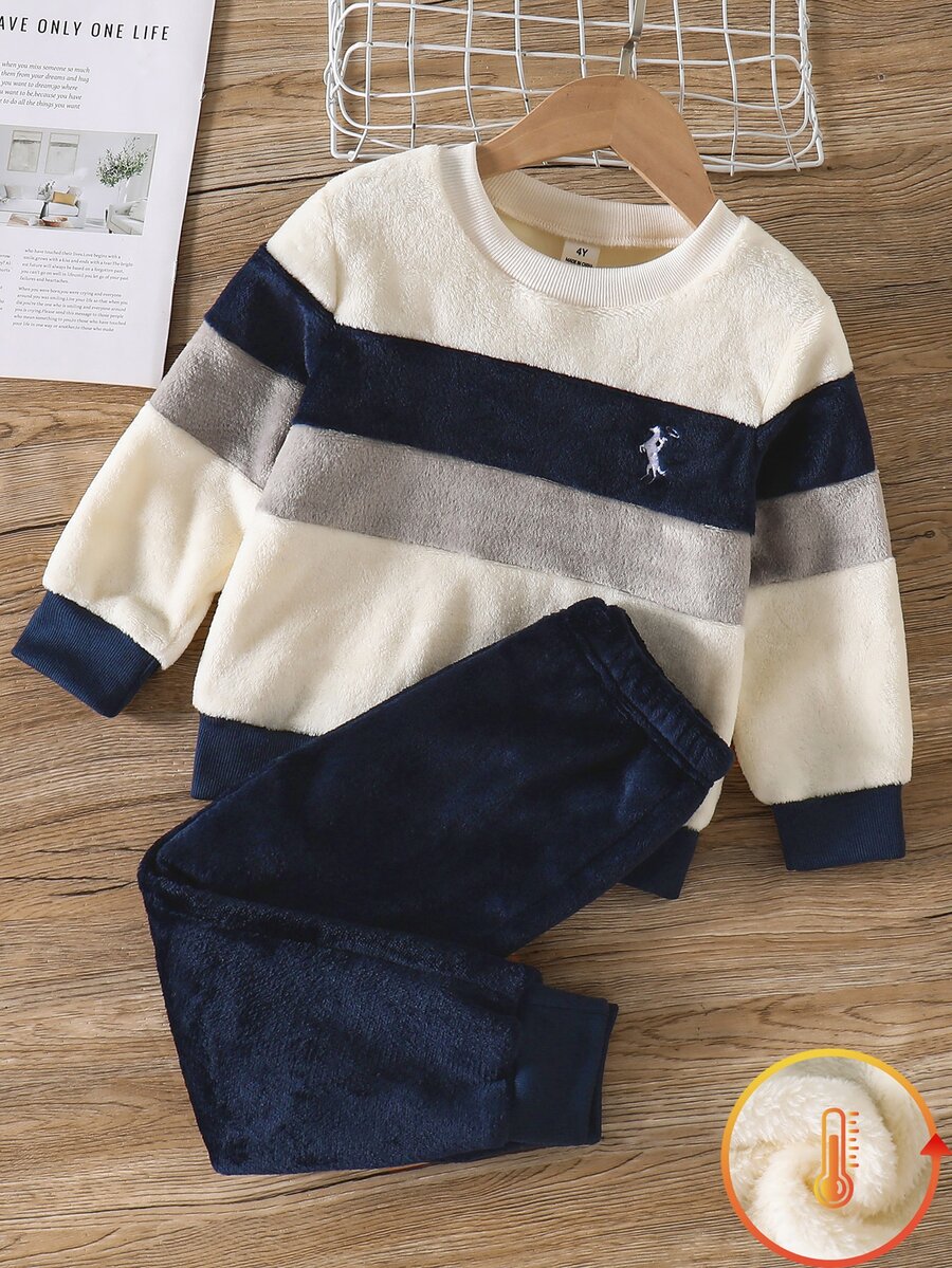 Boys' Casual Fleece Contrast Color Crew Neck Sweatshirt And Fleece Long Pants With Embroidered Chest Decor, Suitable For Daily Wear, School And Other Occasions, Autumn/Winter - Blue - View 1
